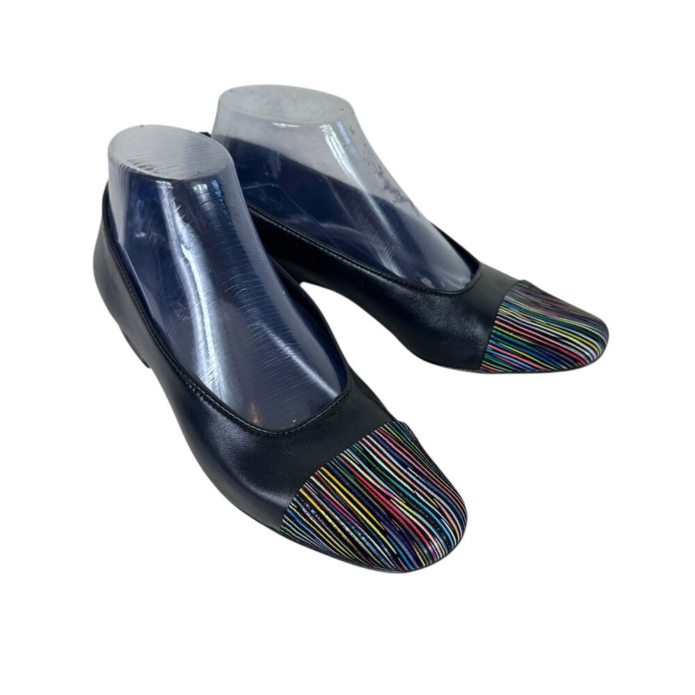 VAN ELi Black Colorful Striped Leather Cap Toe Slip On Block Low Heel Size 7.5‎